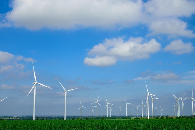 Row of wind turbines standing across an agricultural field under a blue sky in Thailand
